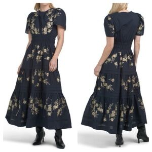 ELIE TAHARI Split Neck Smocked Waist Embroidered Tiered